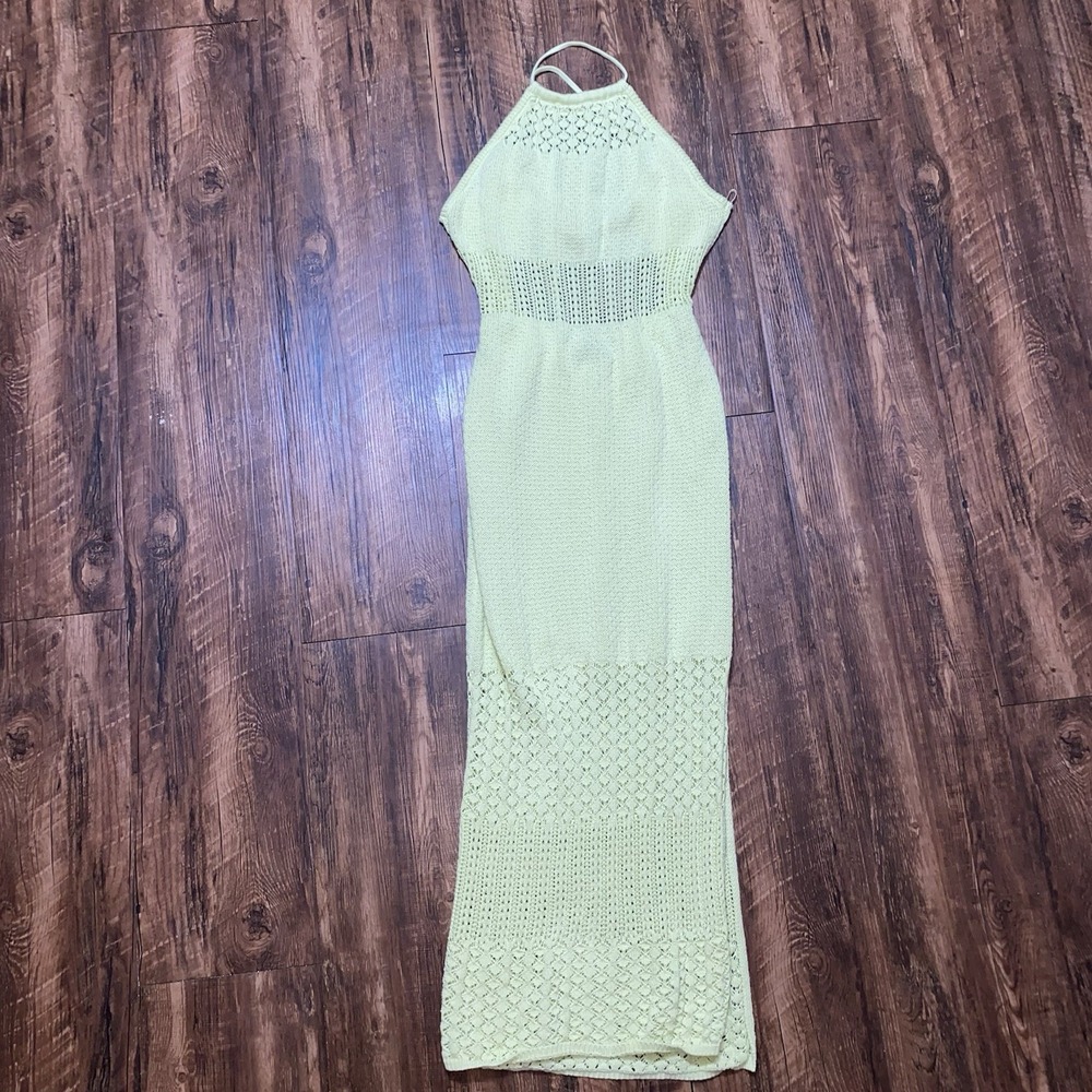 Vici Lime Green Halter Crochet Knit Y2K Boho Maxi Dress Small